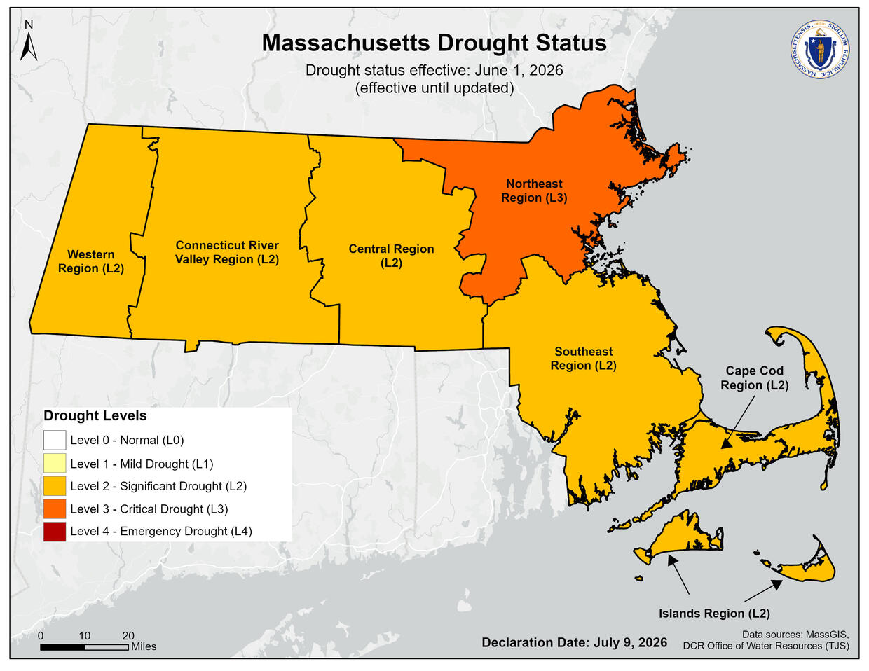 Massachusetts drought map showing Level 2 Significant Drought across most regions and Level 3 Critical Drought in the Northeast Region as of July 9, 2026